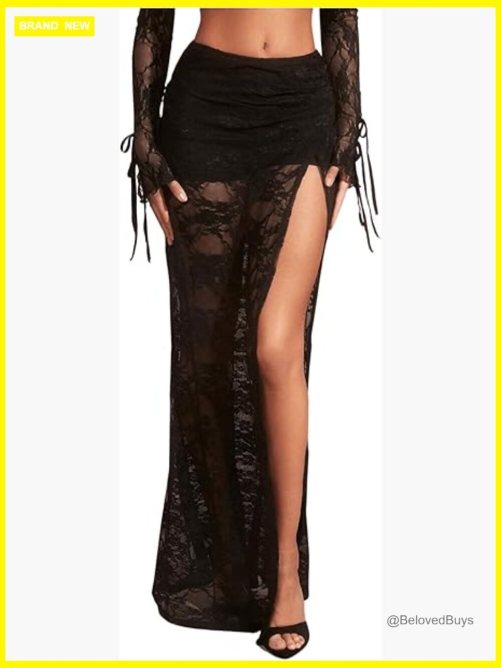 Floral Lace Maxi Skirt with Slit Low Rise Sheer Rave Flare Skirt